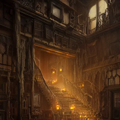 Image similar to detailed the living hall haunted house, highly detailed, illustration, fantasy art, in the style of greg rutkowski, epic, fantasy, intricate, hyper detailed, artstation, concept art, smooth, sharp focus, ray tracing