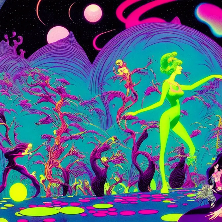 Image similar to cosmic girl, infinite hallucination, bright neon colors, highly detailed, cinematic, eyvind earle, hiroo isono, tim white, philippe druillet, roger dean, lisa frank, aubrey beardsley