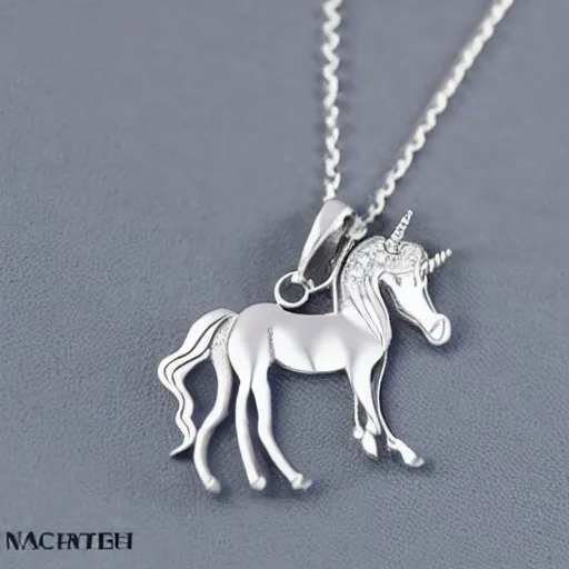 Image similar to a lovely silver cartoon unicorn necklace pendant, 3 d rendering, pandora style, tiffany style, swarovski style, van cleef & arpels style, cartier style, boucheron style, bulgari style, chaumet style, elegant, noble, stylish