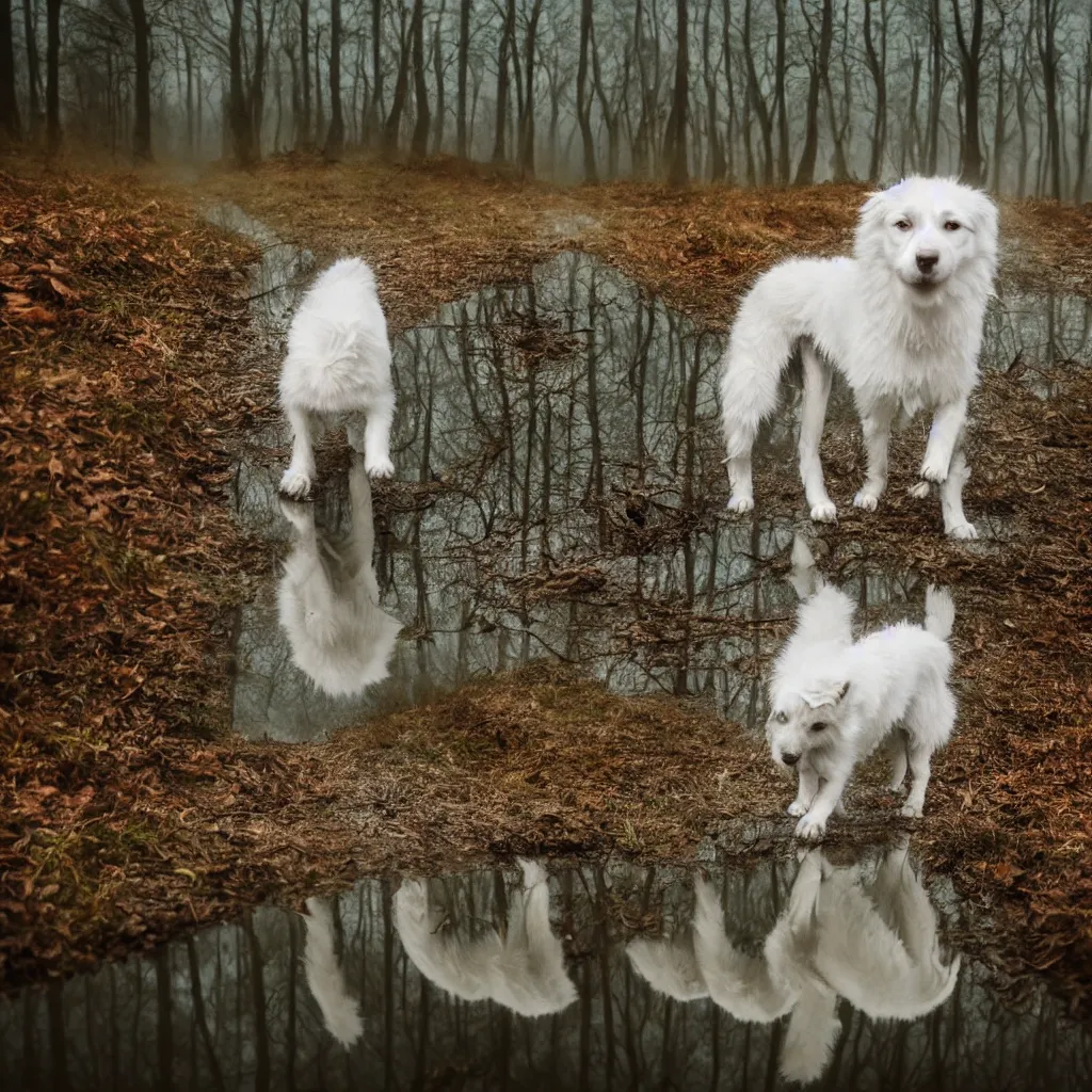 Image similar to white siberian laika dog, with reflection in the puddle, foggy old forest, very detailed, 4 k, professional photography