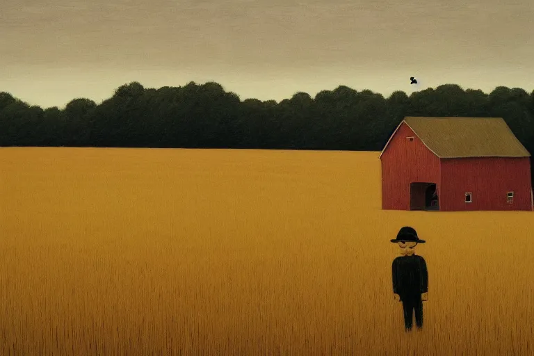 Prompt: a wheat field with a scarecrow and a barn artwork by tim eitel