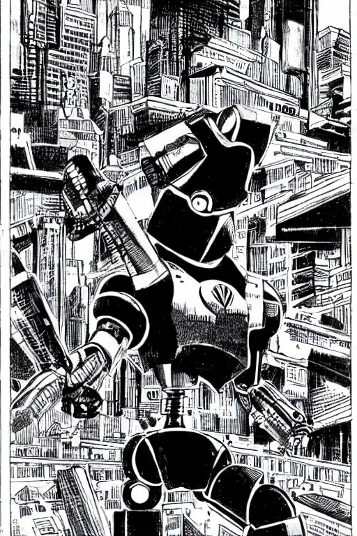 Prompt: a robot on a rampage in mega city one, drawn by Mike McMahon