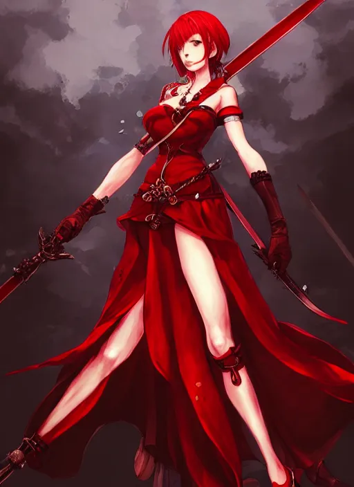 Prompt: a woman in a red dress holding two swords, a character portrait by Akihiko Yoshida, pixiv contest winner, vanitas, official art, 2d game art, polycount