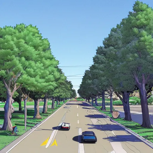 Image similar to neighborhood street, uptown street, golden hour, golden sunshine, trees over road, shining sun in distance, trees, juniper trees, oak trees, cars parked in street, long street, distance, cel - shaded, raytracing, cel - shading, toon - shading, 2 0 0 1 anime, flcl, jet set radio future, drawn by artgerm