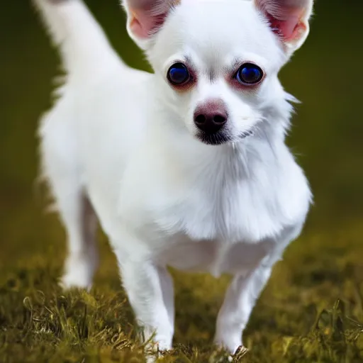 Image similar to white and tan chihuahua with long fur photography soft focus white background