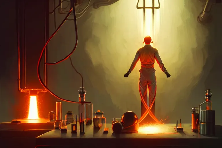 Image similar to symmetry!! scientist performing a explosive experiment by artgerm greg rutkowski and andreas rocha, cinematic lighting, highly detailed, warm colours, 8 k