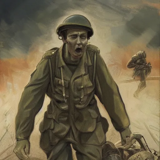 Image similar to scared shell-shocked soldier in ww2 uniform, war and explosions in the background, ptsd, world war, hell on earth, mud, no mans land, artwork by Émile Bernard + Frederick Lord Leighton + Gina Heyer + Jane Graverol, artstation, award winning