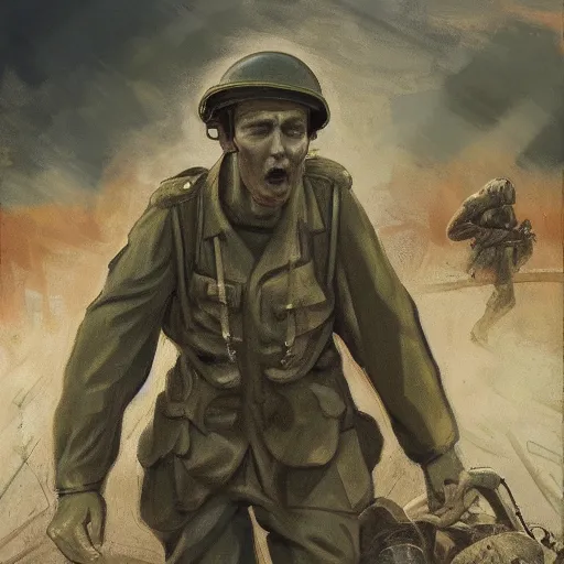 scared shell-shocked soldier in ww2 uniform, war and