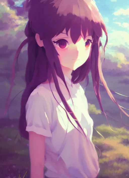 Image similar to portrait of cute girl, cloudy sky background lush landscape illustration concept art anime key visual trending pixiv fanbox by wlop and greg rutkowski and makoto shinkai and studio ghibli