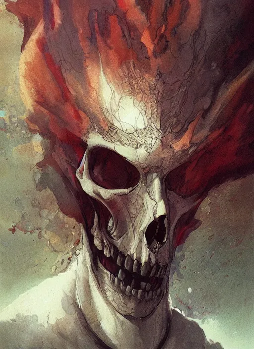 Prompt: a portrait of a male character, nose of (((skull))), in a scenic environment by Ross Tran and by Jesper Ejsing and by Mikalojus Konstantinas Ciurlionis