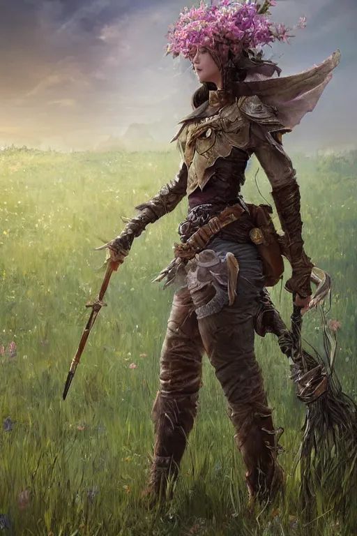 Image similar to A high fantasy female dnd ranger standing in the middle of the field of flowers by Eddie Mendoza face close up official media beautiful detailed high quality