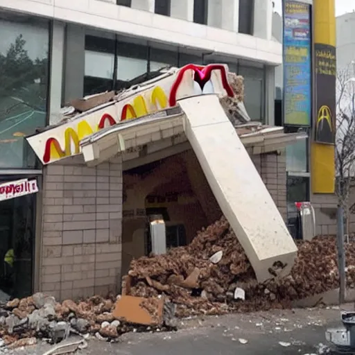Image similar to huge fat man falls on mcdonalds and destroys the building with his weight