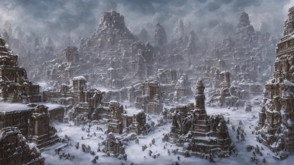 Prompt: Trending on artstation, beautiful snowy snow covered lost city, detailed matte painting, oil on canvas