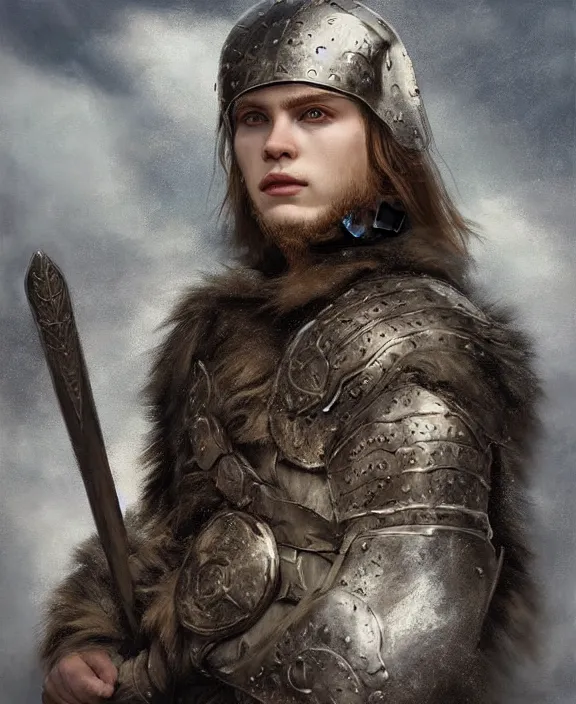 Prompt: portrait of a handsome young icelandic warrior, art by denys tsiperko and bogdan rezunenko and franz xaver kosler, hyperrealism, fantasy art