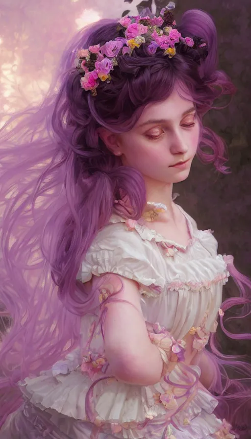 Prompt: portrait of magical lolita child, dreamy and ethereal, lavender and pink eyes, peaceful expression, ornate frilly dress, fantasy, intricate, elegant, rainbow bubbles, highly detailed, digital painting, artstation, concept art, smooth, sharp focus, illustration, art by artgerm and greg rutkowski and alphonse mucha