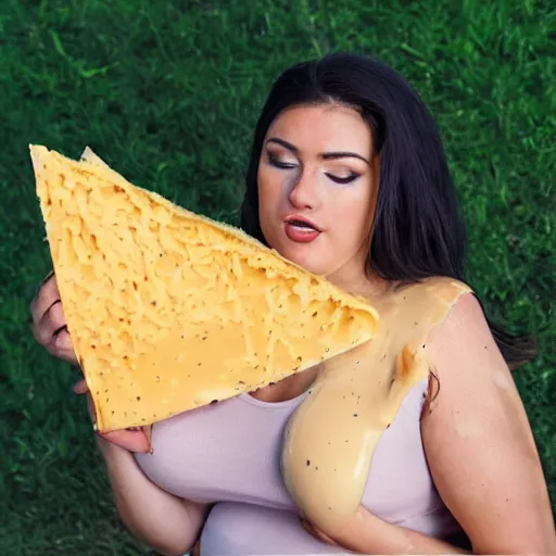 Prompt: a photoshoot of a woman covered in melted cheese