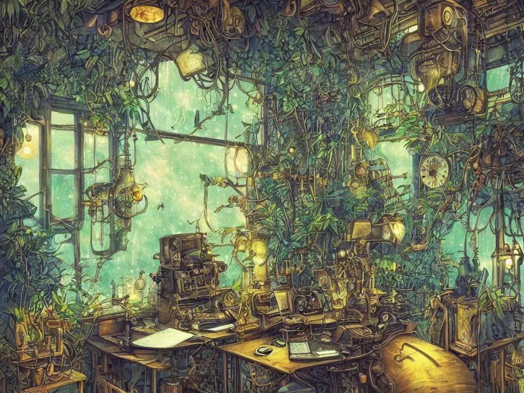 Prompt: Small desk at night with desklamp inside a steampunk machine room with lush vegetation growing around the machines, tropical trees, large leaves, flowers, beautiful starry night sky through the windows, beatifully lit, colorful, vivid colors, very detailed painting, hyperrealism, magical, vintage science fiction illustration, Studio Ghibli, Rebecca Guay