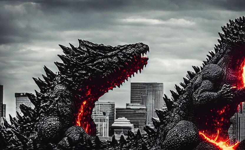 Image similar to photograph of Godzilla in Columbus Ohio, one point perspective, 1-point perspective, tilt shift, sigma 85mm f/1.4, 4k, depth of field, high resolution, 4k, 8k, hd, full color