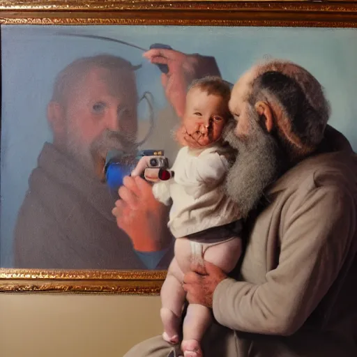 Image similar to painting of beard grandpa taking a photo to a baby girl, laszlo moholy