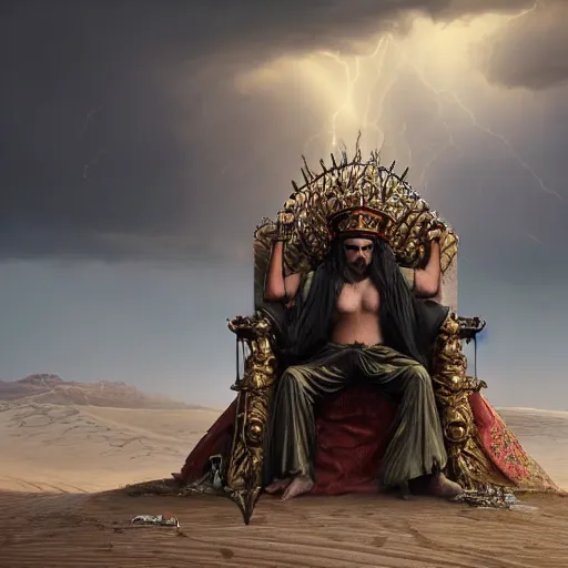 Image similar to a man with a crown on his head, dressed in a robe, sitting on a throne, in the desert, in the background a thunderstorm, by greg rutkowski, digital art, epic, 8 k, hyperdetalied, cgsociety,