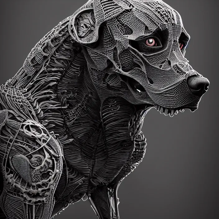 Prompt: portrait of skeleton Malinois. intricate abstract. intricate artwork. by Tooth Wu, wlop, beeple, dan mumford. octane render, trending on artstation, greg rutkowski, very coherent symmetrical artwork. cinematic, hyper realism, high detail, octane render, 8k, iridescent accents, deep blacks