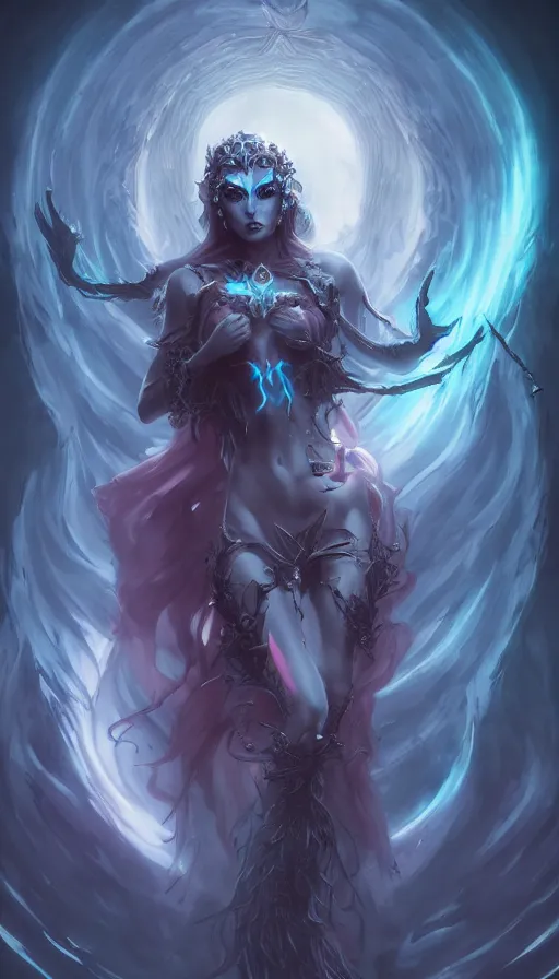 Image similar to goddess of death in the style of nekro, artgerm, wlop, glowing halo, octane render, peter mohrbacher