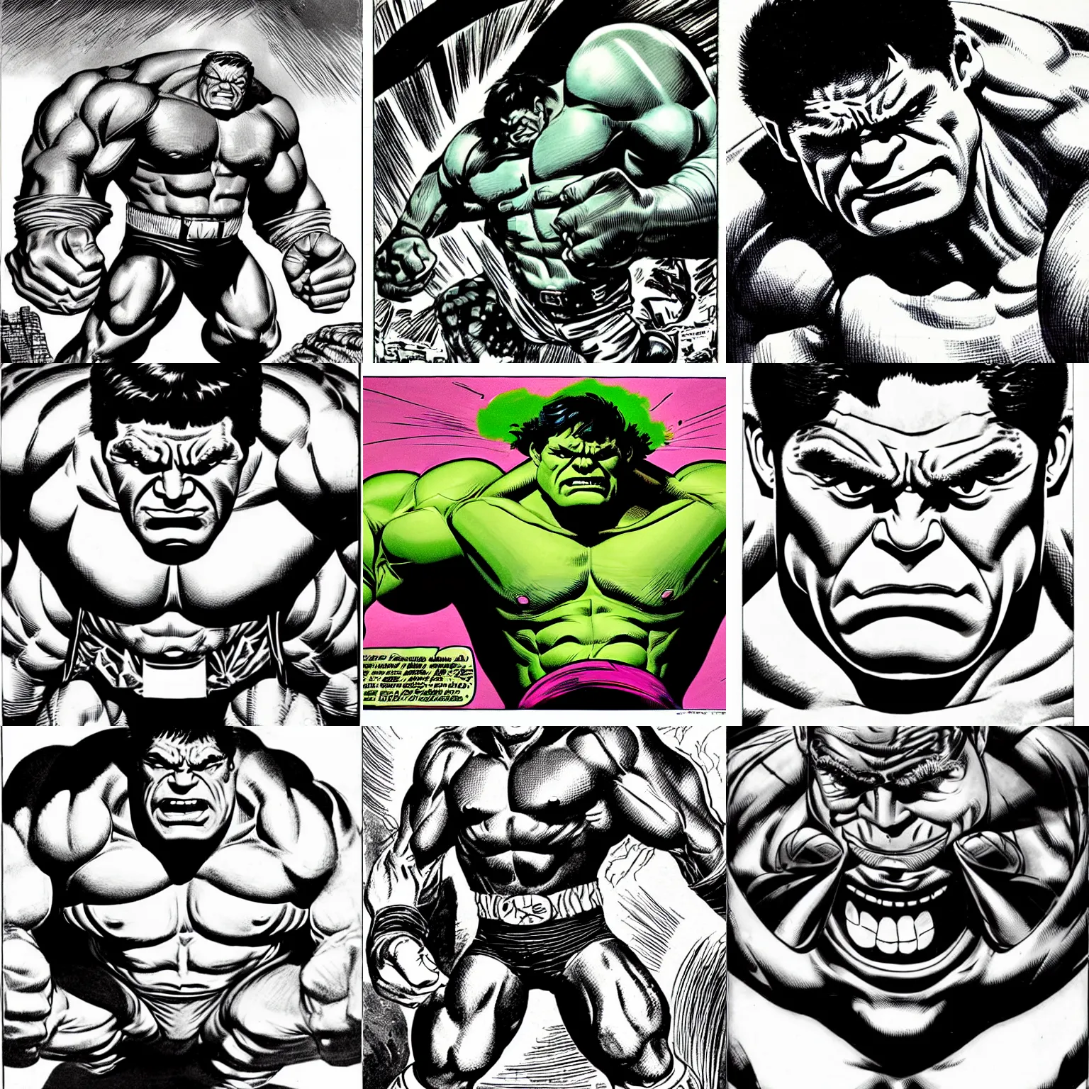 Prompt: by jack kirby : macro face of hulk