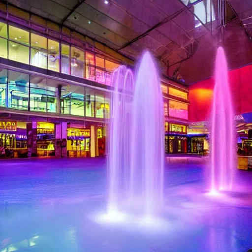 Prompt: A vast 80s shopping mall interior with an enormous water feature, water fountain, water falls, photo taken at night, neon pillars, large crowd, red brick