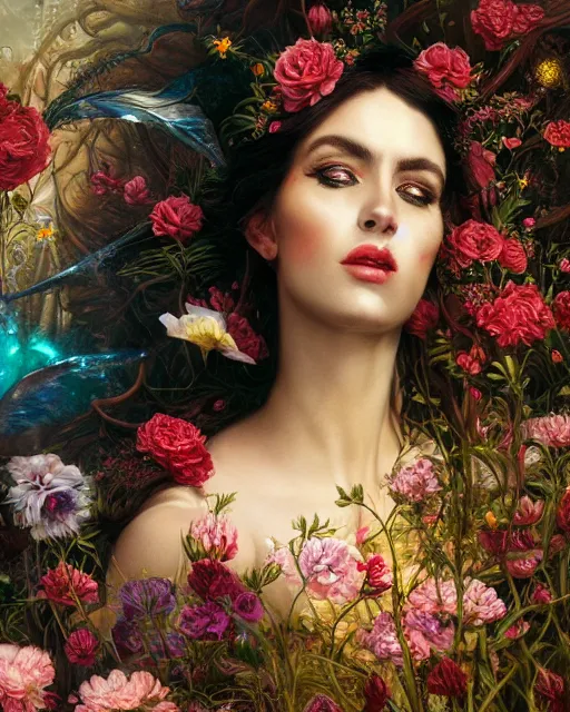 Image similar to portrait of the arabic queen of the underworld, surrounded by flowers by karol bak, james jean, tom bagshaw, rococo, sharp focus, trending on artstation, cinematic lighting, hyper realism, octane render, 8 k, hyper detailed.