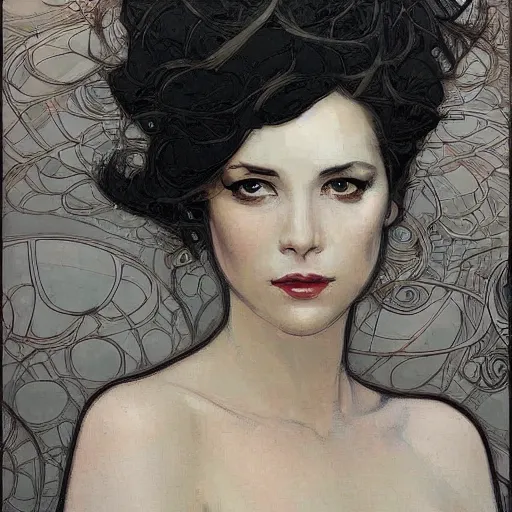 Image similar to mandelbulb portrait of a beautiful woman by gil elvgen, greg manchess, mucha, liepke, apollonia saintclair