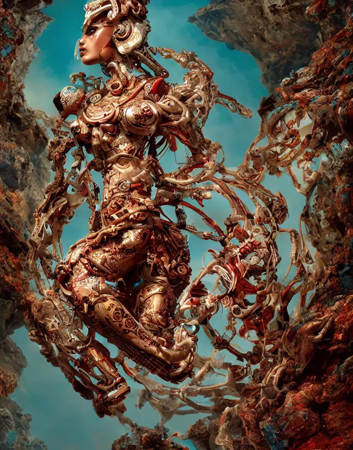 Prompt: positing on rock biomechanical asian goddess Spawn!, full lenght view. woman wearing a helmet. white plastic, human skull, swollen muscles, tumors, veins, baroque elements. halo. octane rendering, cinematic, hyperrealism, octane rendering, 8k, depth of field, bokeh. iridescent accents. vibrant. teal gold and red color scheme