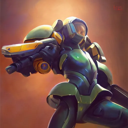 Image similar to greg manchess portrait painting of invisible armored samus aran as overwatch character, medium shot, asymmetrical, profile picture, organic painting, sunny day, matte painting, bold shapes, hard edges, street art, trending on artstation, by huang guangjian, gil elvgren, ruan jia, greg rutkowski, gaston bussiere