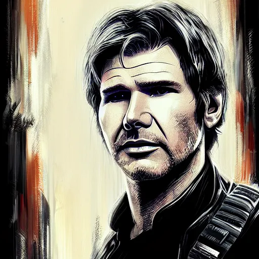 Prompt: portrait of harrison ford as han solo, fantasy, intricate, elegant, digital painting, trending on artstation, concept art, sharp focus, illustration by russ mills, 4k.