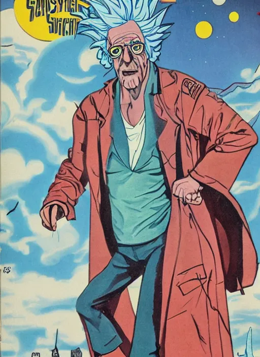 Image similar to Christopher Lloyd as Rick Sanchez on the cover of Galaxy Science Fiction, 1965, detailed, epic, vintage 1960s print, trending on artstation