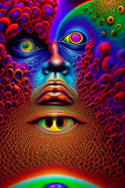 Image similar to hyperrealistic abstract close-up Renaissance psychedelic!! celestial happy! pure creature!! peaceful! kind spirit of nature! beautiful fractal!! eyes! highly detailed concept art eric zener elson peter cinematic hard rainbow lighting high angle hd 8k sharp shallow depth of field endless, inspired by Zdzisław Beksiński Salvador Dali