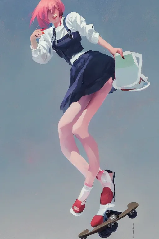 Image similar to A ultradetailed beautiful panting of a stylish woman in a maid outfit skateboarding, Oil painting, by Ilya Kuvshinov, Greg Rutkowski and Makoto Shinkai