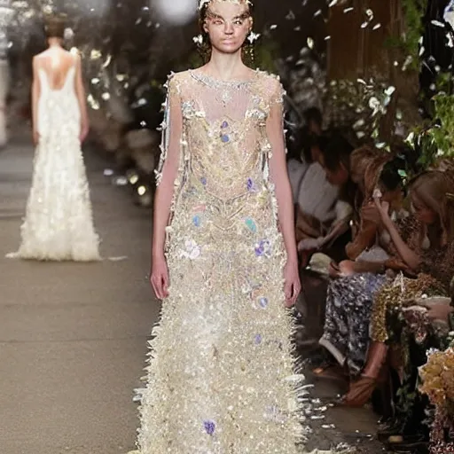 Image similar to a long wedding dress with a train made of flower petals made of light - colored fabric. transparent in places. in places, patterns of precious stones. intricate patterns of gold thin threads. fantasy. clear details