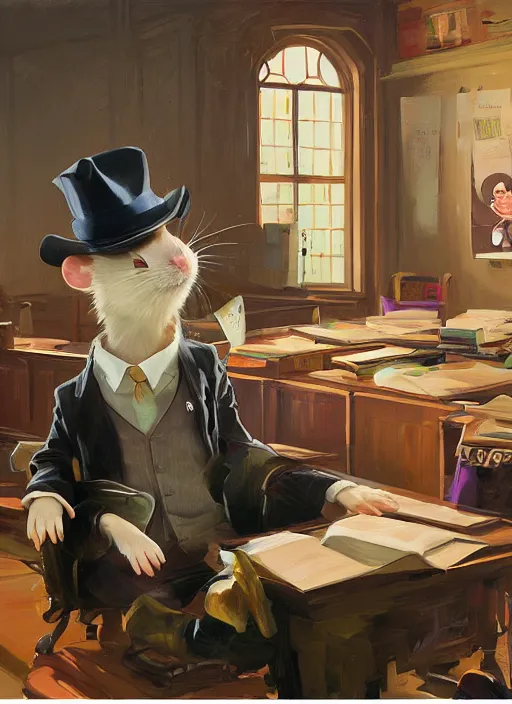 Prompt: oil painting of a cute pet rat dressed as an english professor, giving a lecture in a university classroom, digital art, artstation, cinematic, golden hour fine details by realistic shaded lighting poster by ilya kuvshinov katsuhiro otomo, magali villeneuve, artgerm, jeremy lipkin and michael garmash and rob rey, cartoon
