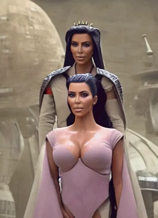 Prompt: film still of kim kardashian as princess leigha in star wars,