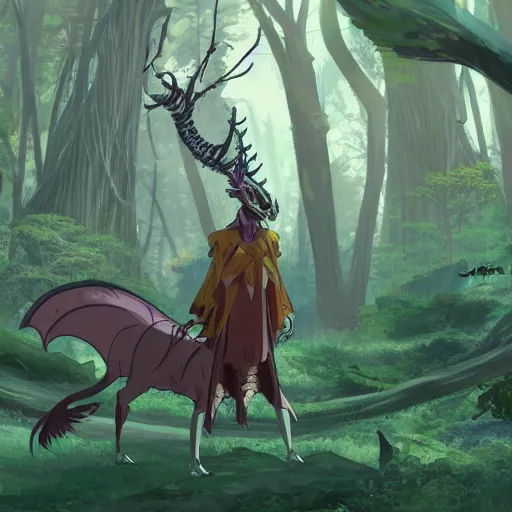 Image similar to concept art painting of an anthropomorphic dragon king with robes, a long neck, and horned skull mask, in a deep forest, cel shaded, in the style of makoto shinkai and james gurney and studio ghibli and moebius