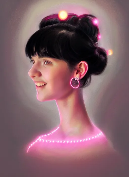 Image similar to portrait of teenage girl, realistic, black hair, bangs, half updo hairstyle, pointy nose, skinny, smile, ugly, defined jawline, big chin, pink hair bow, earrings, intricate, elegant, glowing lights, highly detailed, digital painting, artstation, sharp focus, illustration, art by wlop, mars ravelo and greg rutkowski