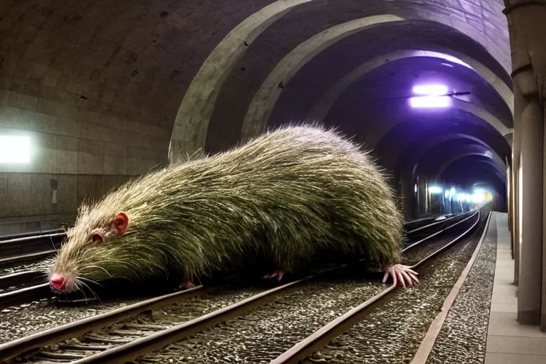 Image similar to very large giant mutant zombie irradiated ( angry rat ) staying on railways in tonnel of moscow subway. giant rat. 4 k, very realistic. extreme long shot, low dark light, scary mood, anish kapoor, herman nitsch.