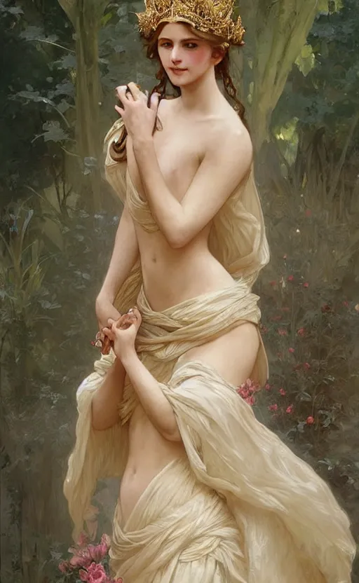 Prompt: a beautiful painting of a crowned princess in a flowing gown, intricate, elegant, highly detailed, digital painting, artstation, concept art, by krenz cushart and artem demura and william adolph bouguereau and alphonse mucha