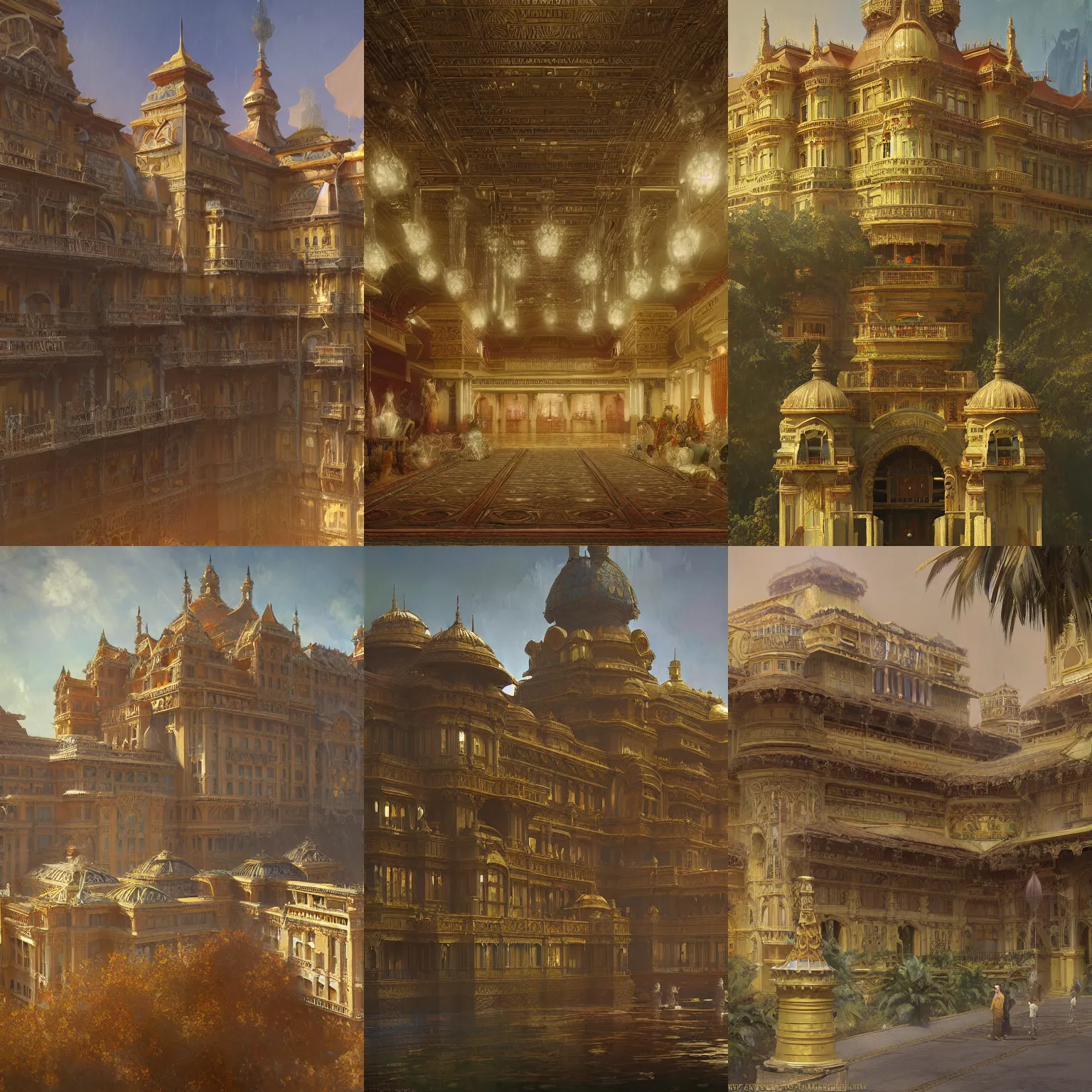 Prompt: Concept Digital Art Highly detailed Art Deco Palace by Craig Mullins, greg rutkowski, Ilya repin, alphonse mucha, and Edmund Blair Leighton. Very highly detailed 8K, octane, Digital painting, the golden ratio, rational painting