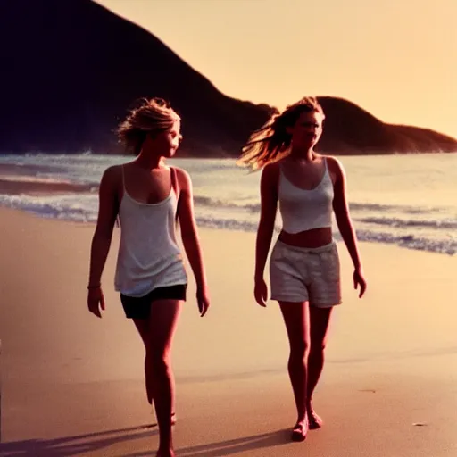 Prompt: beautiful hyperdetailed photograph of jennifer lawrence and jennifer lawrence taking a walk at the beach, golden hour, soft focus, 8 k, portra 4 0 0