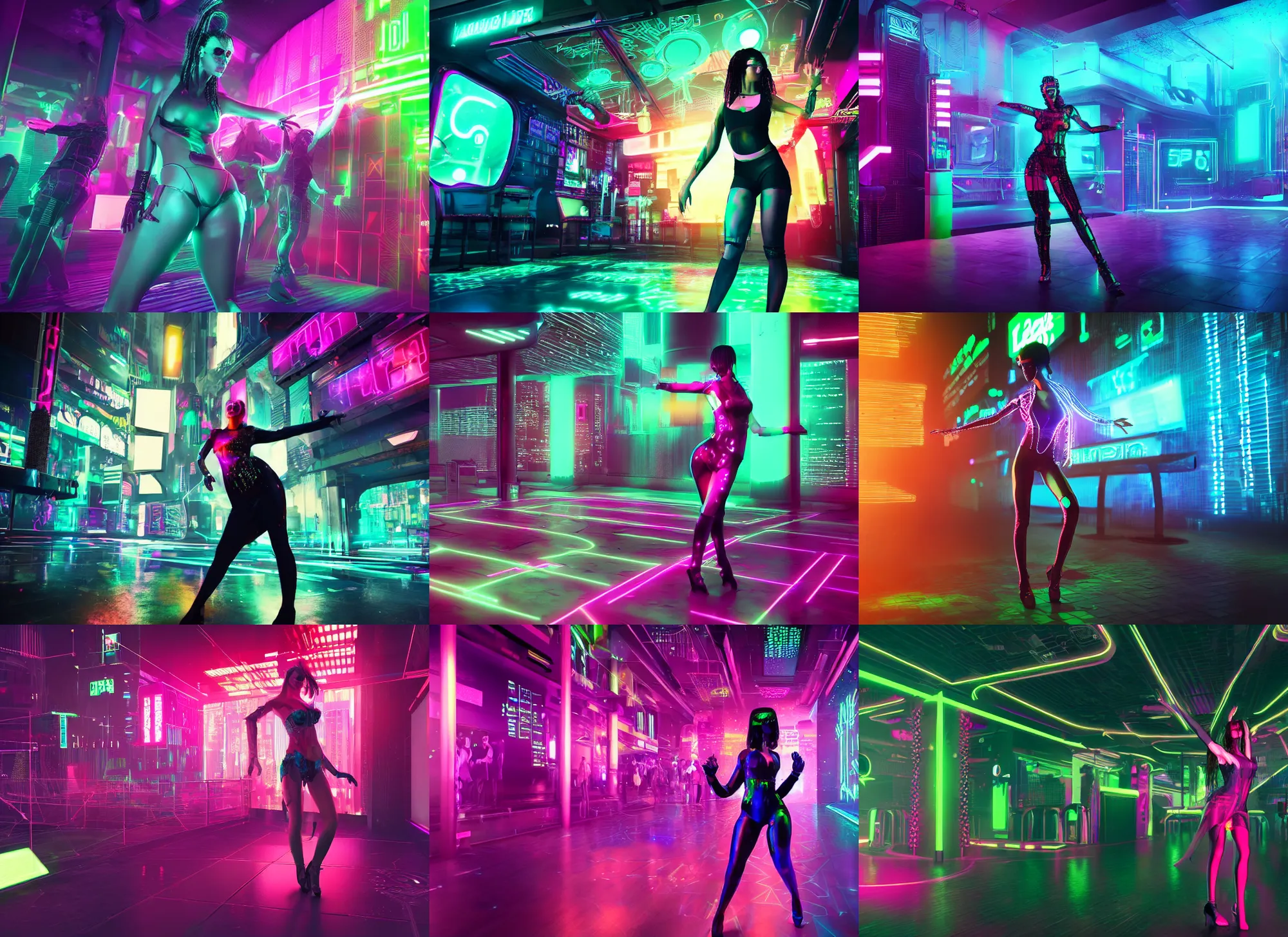 Prompt: Cyberpunk woman dancing, neon nightclub, crowded background, highly detailed digital art, 8k Octane