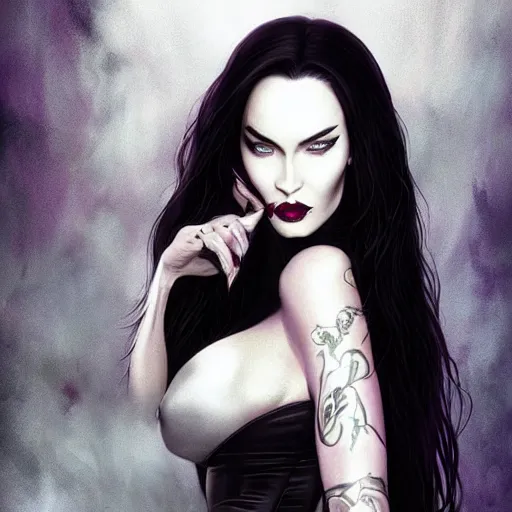 Image similar to portrait of megan fox as morticia addams as death of the endless, the sandman, made by carvaggio stanley artgerm lau wlop rossdraws artstation cgsociety concept _ art cgsociety octane render