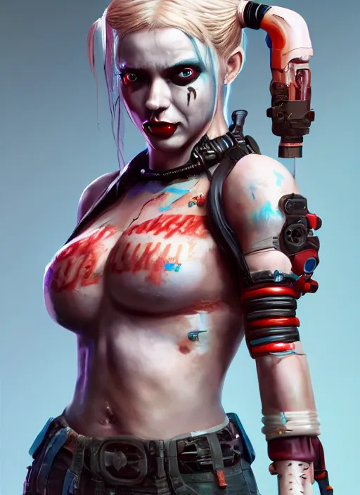 Image similar to biopunk portrait of harley quinn, au naturel, hyper detailed, digital art, trending in artstation, cinematic lighting, studio quality, smooth render, unreal engine 5 rendered, octane rendered, art style by klimt and nixeu and ian sprigger and wlop and krenz cushart