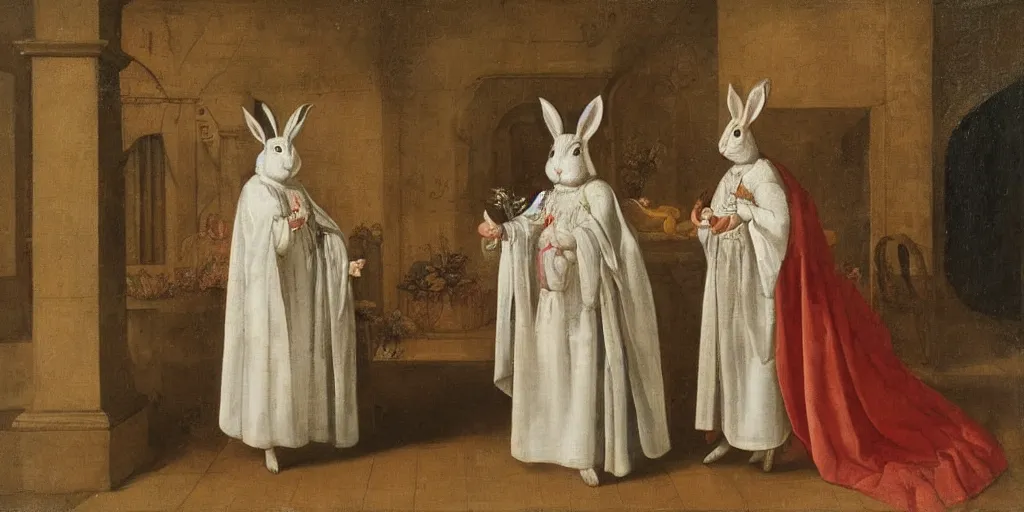 Image similar to a rabbit dressed as a queen, wearing a white robe, 17th century oil painting