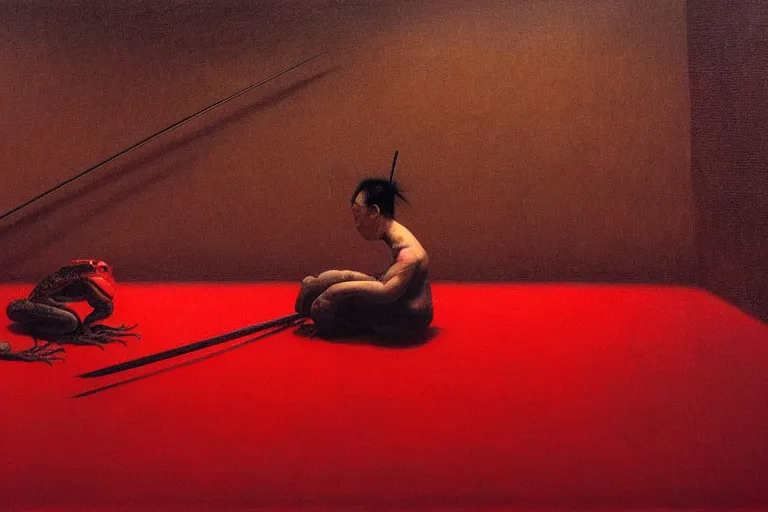 Image similar to only with red, a red samurai do seppuku, tokio, a lot of frogs watch, in the style of beksinski, parts by edward hopper, parts by rodcenko, parts by yue minjun, intricate and epic composition, red by caravaggio, insanely quality, highly detailed, masterpiece, red light, artstation, 4 k